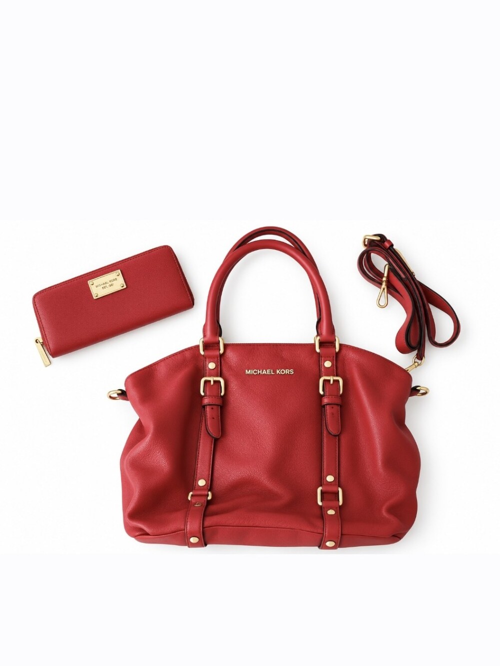 Michael Kors Red Leather Bowling Convertible Satchel & Zip Around Wallet